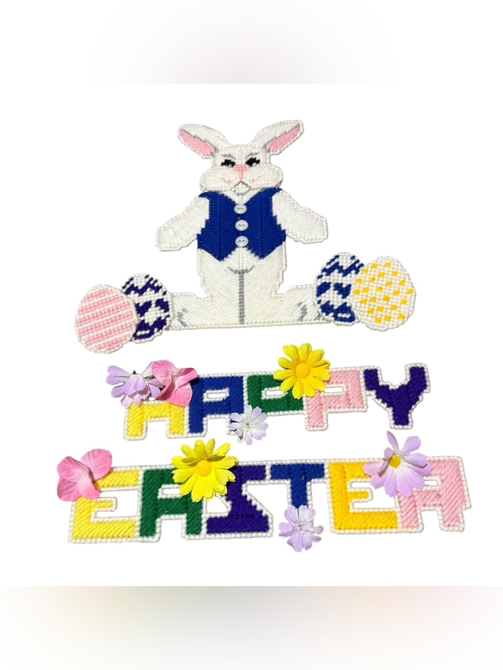 Vintage Happy Easter Plastic Canvas Finished Bunny Rabbit Wall Decor